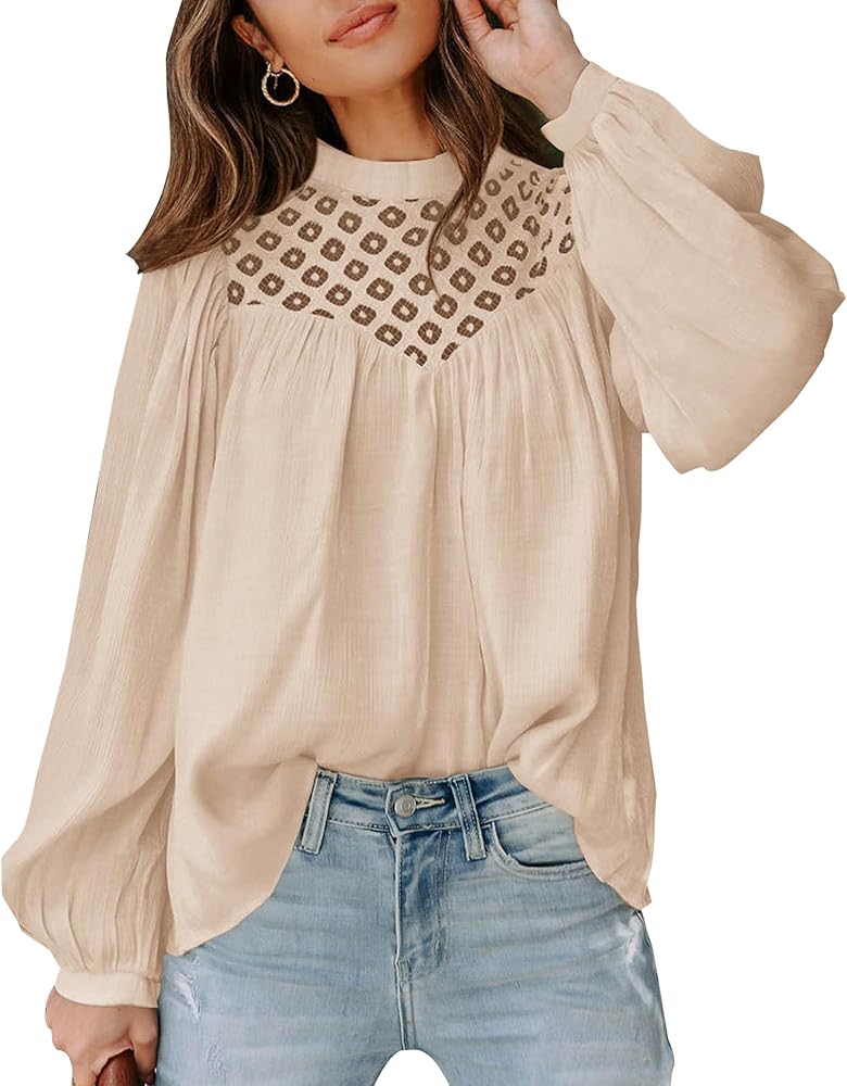 BTFBM Women's Fall Tops 2024 Crewneck Lace Crochet Casual Long Sleeve T Shirts Loose Chiffon Solid Blouses