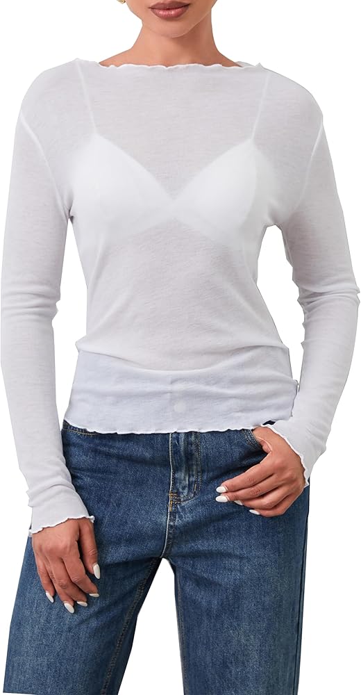 OLAPTA Women’s Sexy Long Sleeve Sheer T-Shirts See Through Boat Neck Slim Fit Solid Tee Tops Layering Blouse Top Shirts