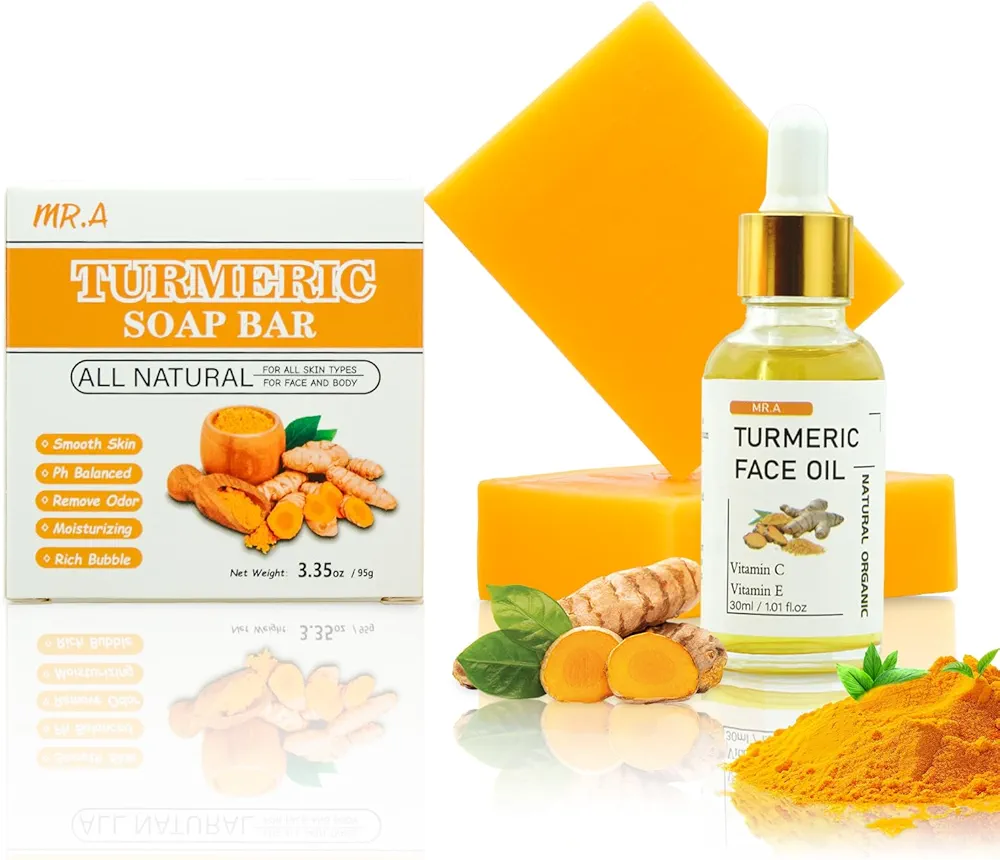 MR.A 2Pcs Turmeric Soap Bar and Turmeric Oil Set for Face & Body, Nautral Ingredients with Vitamin C to Cleanses, Soothing, Hydrating Skin, Turmeric Skin Care Set for All Skin Type