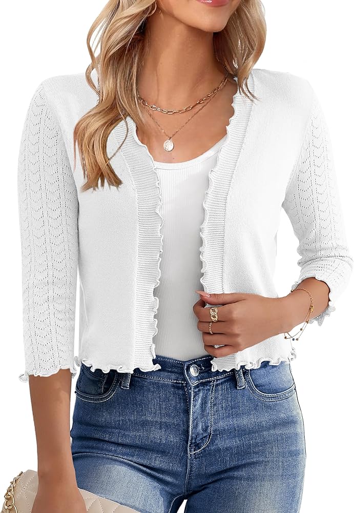 Women's 3/4 Sleeve Cropped Cardigan Open Front Bolero Shrugs Sweater S-XL