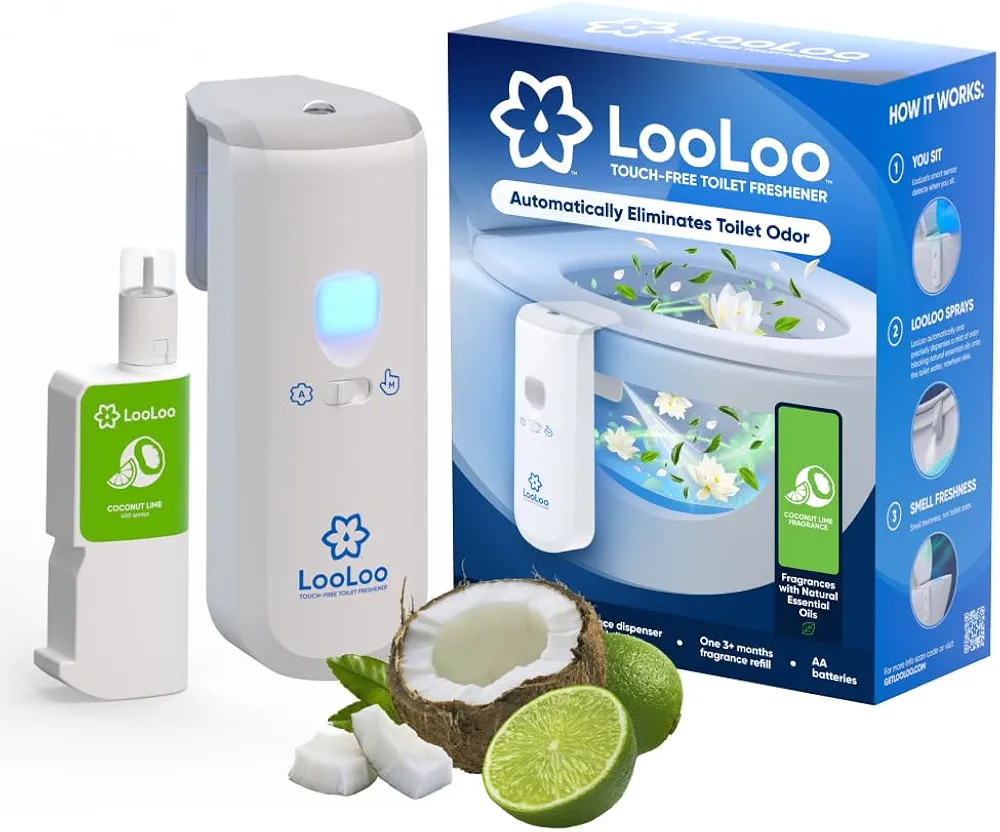 LooLoo Touch Free Toilet Freshener, Automatic Touchless Toilet Air Freshener Spray For Bathroom Starter Kit (Dispenser and 1 Fragrance Bottle) with Toilet Light and Deodorizer - Coconut Lime