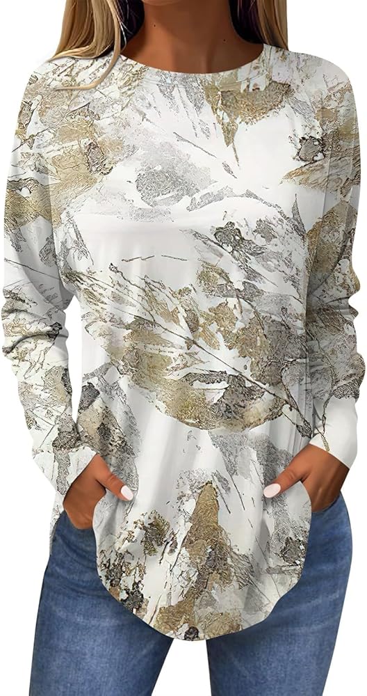 Womens Tops Crew Neck Long Sleeve Shirts Oversized Fall Basic Blouses Vintage Printed Tunic Tees Clothes