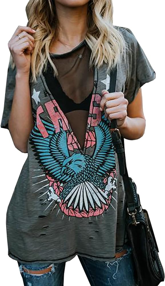 Karlywindow Womens Short Sleeve Graphic Tees Distressed Hawk Print Mesh V Neck Loose Sexy T-Shirt Tops