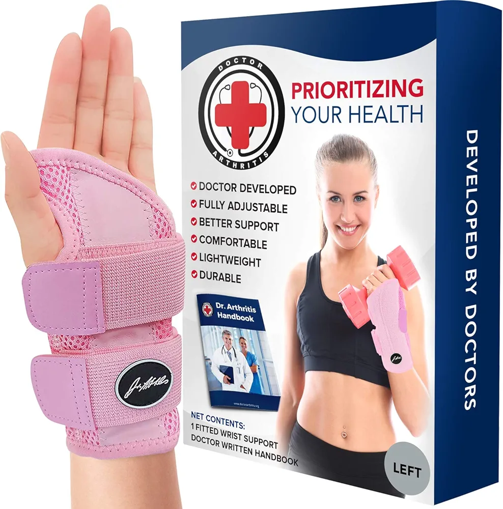 Dr. Arthritis Doctor Developed Fitted Wrist Brace for Carpal Tunnel Syndrome, Tendonitis and other Wrist Conditions, Splint Support for Men and Women Single (Pink, Left Hand)