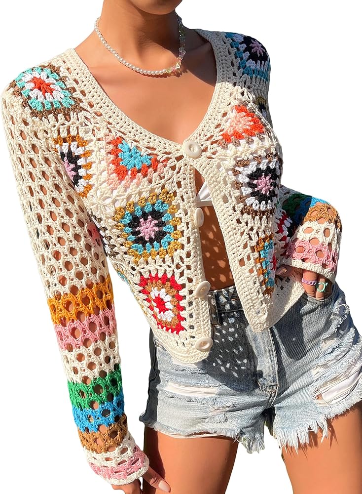 Women's Crochet Cardigan Floral Pattern Long Sleeve Lightweight Cardigan Button Front Knit Cardigan