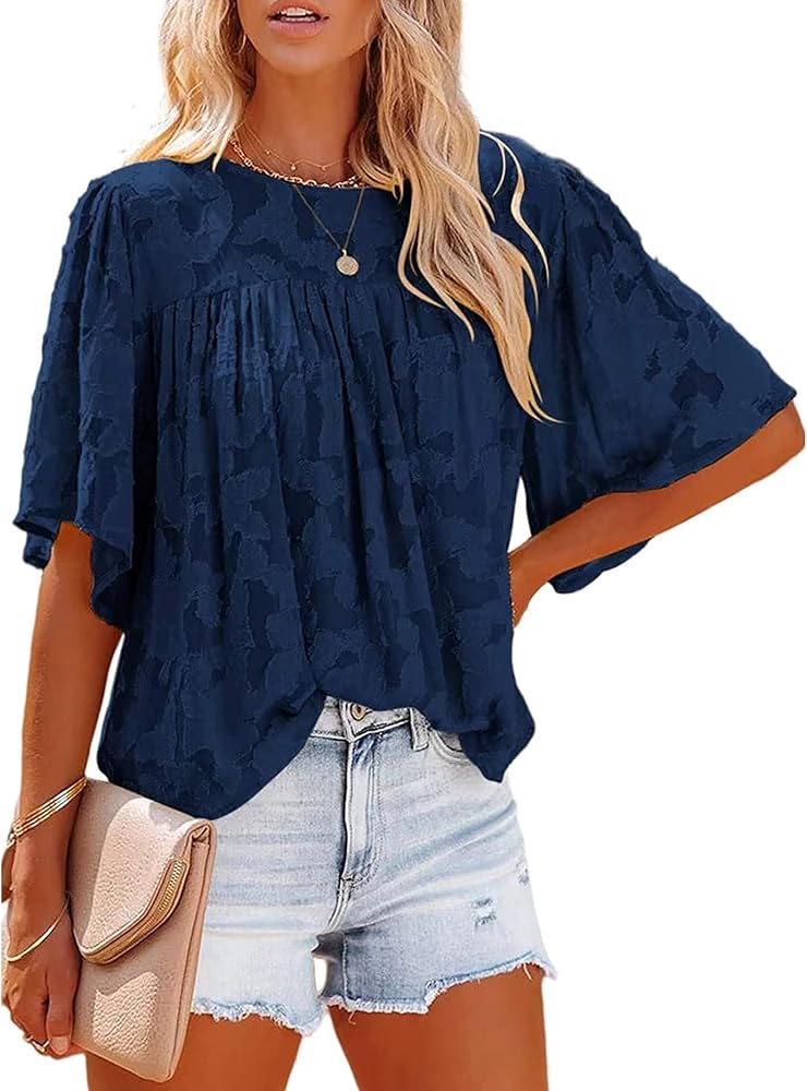 Famulily Womens Split V Neck Flutter Short Sleeve Shirts Casual Wrinkly Blouse Top