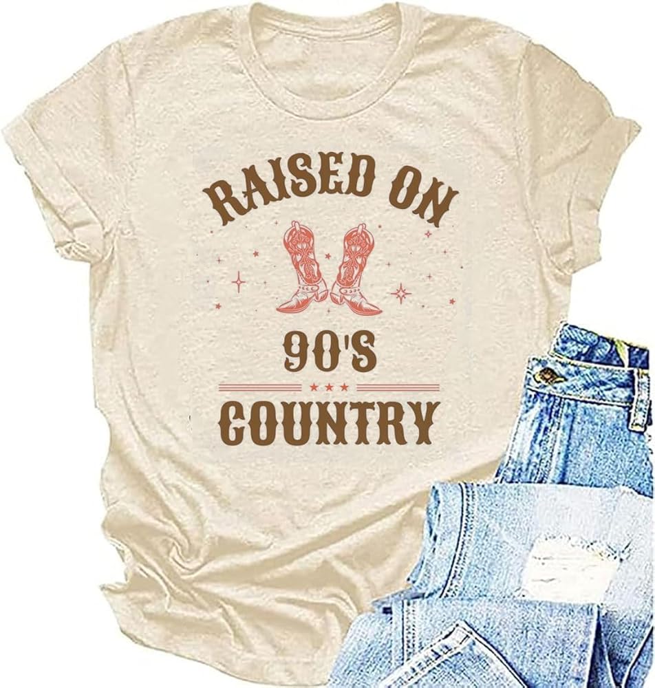 Women Raised On 90’S Country Shirts Country Music Tshirt Concert Tee Vintage Casual Short Sleeve Western Top Blouse