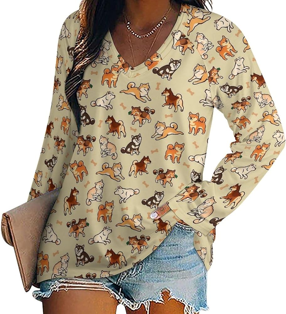 Cute Yorkie Dog Loose Womens Shirts Long Sleeve Tees Tops Casual V-Neck Graphic Blouses