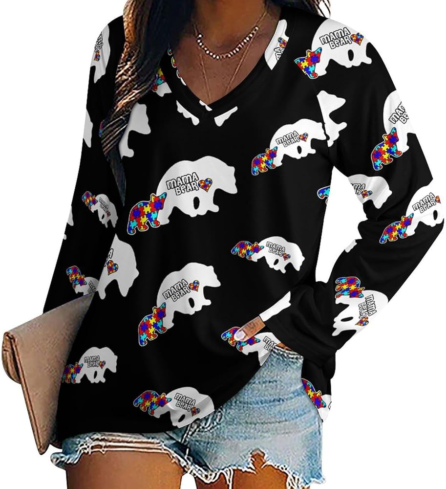 Funny Mama Bear Autism Awareness Loose Womens Shirts Long Sleeve Tees Tops Casual V-Neck Graphic Blouses