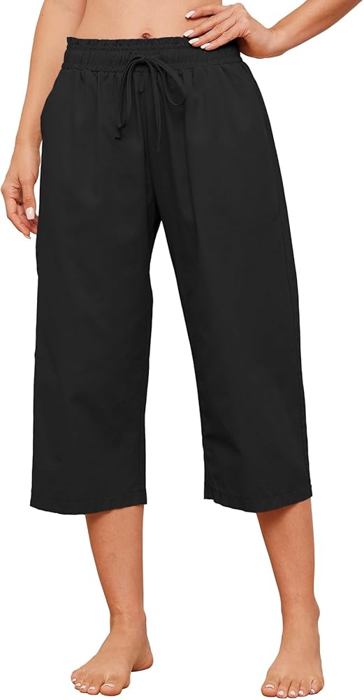 Summer Women's Casual Capri Pants Baggy Lounge Drawstring Pants Plus Size Wide Leg Croped Pants with Pockets