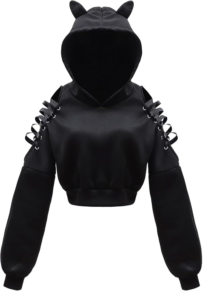 DHSPKN Women's Cat Ear Hooded Sweater 90s Gothic Cold Shoulder Lace Up Y2k Cute Crop Tops Sweatshirt for Teen Girls