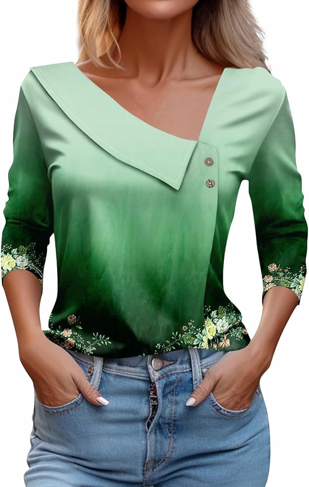 Women's T Shirt Tee Printed 3/4 Sleeve Lapel V Neck Button Pullover Clothing