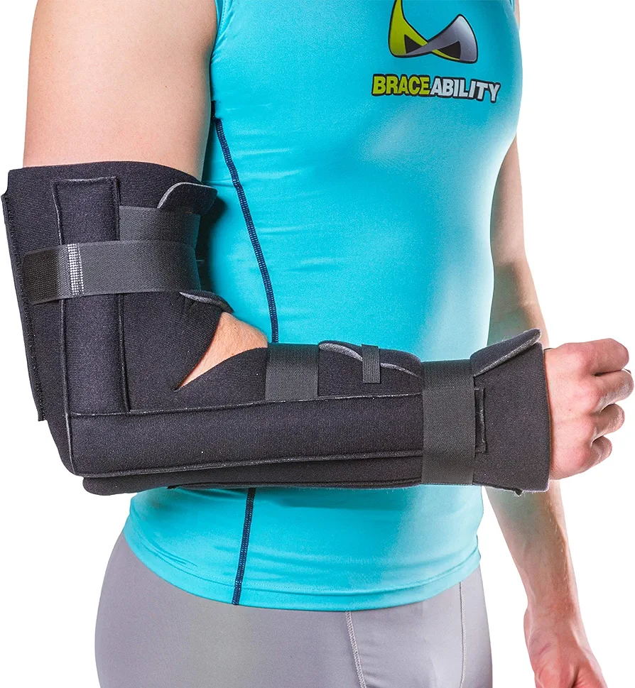 BraceAbility Elbow Immobilizer Brace | Removable Long Arm Cast and Soft Forearm Orthosis Splint for Broken Supracondylar, Distal Humerus, Proximal Ulna Fracture or Olecranon Bursitis (S/M)