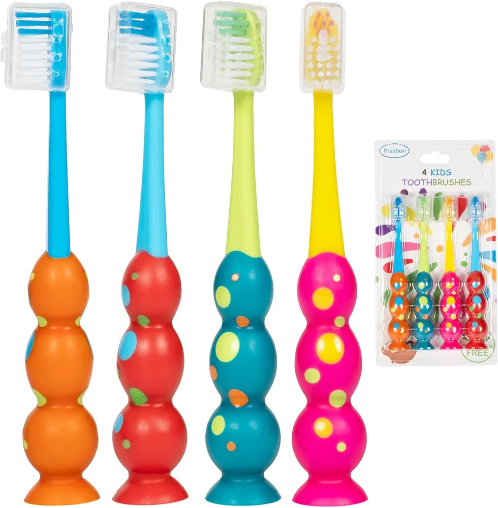 Kids Toothbrush 4 Pack - Soft Bristles with Suction Cup for Easy Storage, Toddler Toothbrush Children Sized Brush Head, Girl & Boy Set