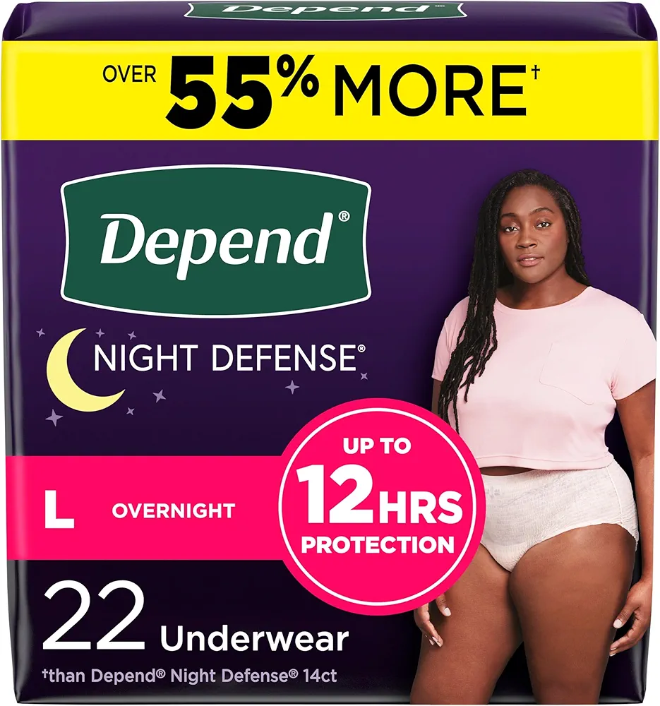 Depend Night Defense Adult Incontinence & Postpartum Bladder Leak Underwear for Women, Disposable, Overnight, Large, Blush, 22 Count, Packaging May Vary