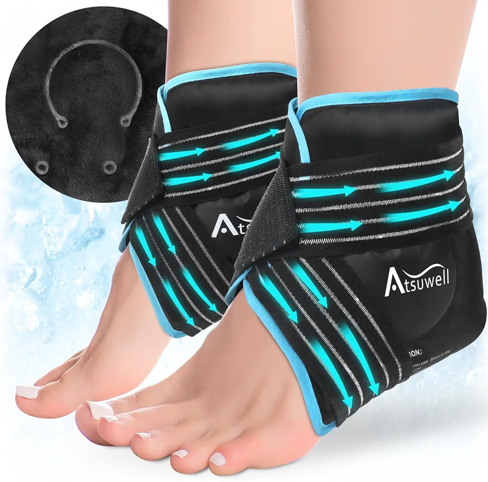 Atsuwell Ankle Ice Pack Wrap 2 Packs, Reusable Gel Ice Pack for Foot Ankle Heel, Cold Compress Therapy for Soothing Pain, Injuries, Achilles Tendonitis, Swelling, Sprained Ankles and Heels