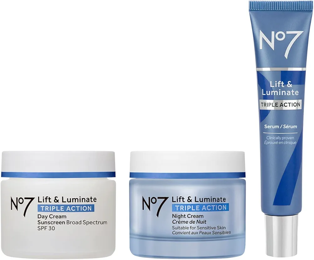 No7 Lift & Luminate Triple Action Skincare Set - Broad Spectrum Anti Aging Day Cream SPF 30 + Vitamin C Wrinkle Serum + Collagen Peptide Brightening Night Cream (3 Piece Kit)