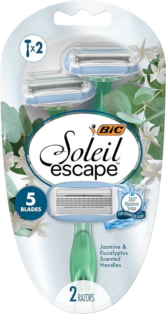 BIC Soleil Escape Women's Disposable Razors With 5 Blades for a Sensorial Experience and Comfortable Shave, Pack of Jasmine & Eucalyptus Scented Handle Shaving Razors for Women, 2 Count