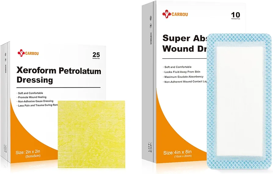 Carbou Medical Xeroform Petrolatum Dressing 2"x2" (Pack of 25)+Super Absorbent Wound Dressing 4"x 8" (Pack of 10)