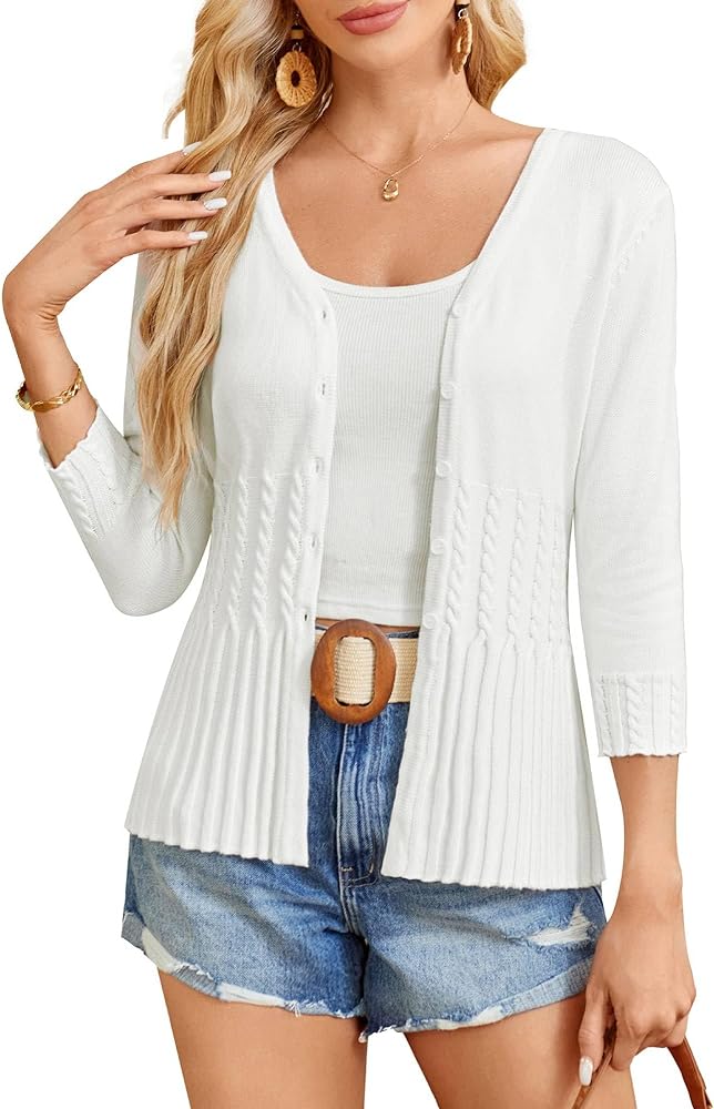 GRACE KARIN Cardigan Sweater for Women 2024 3/4 Sleeve Botton Down V Neck Open Front Classic Cardigans Soft Knit