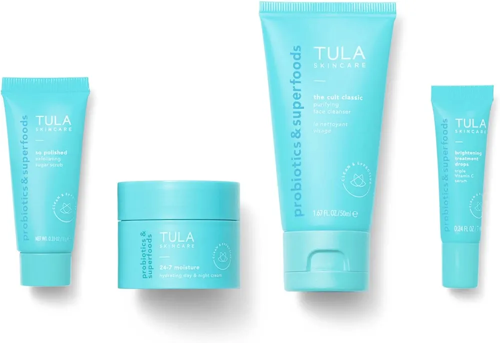 Tula Skin Care On the Go Best Sellers Travel Kit | Facial Cleanser, Day & Night Moisturizer, Sugar Scrub & Vitamin C Serum for Glowing, Radiant Skin, 1.0 Count