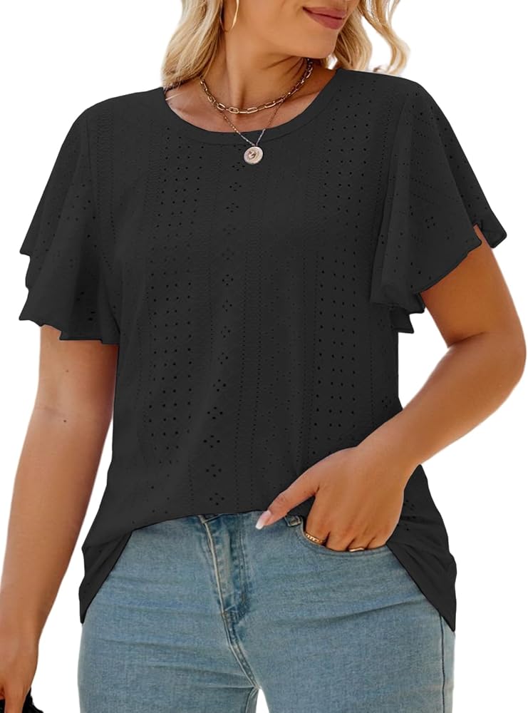 VISLILY Womens-Plus-Size-Summer-Tops Ruffle Short Sleeve T Shirts Crewneck Eyelet Tunics Casual Loose Tee