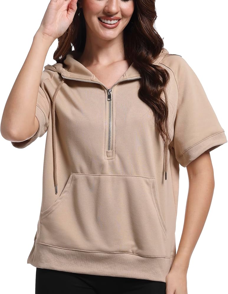 Short Sleeve Sweatshirt for Women Half Zip Summer Oversized Hoodies Fashion Pullover Casual Tops with Pockets