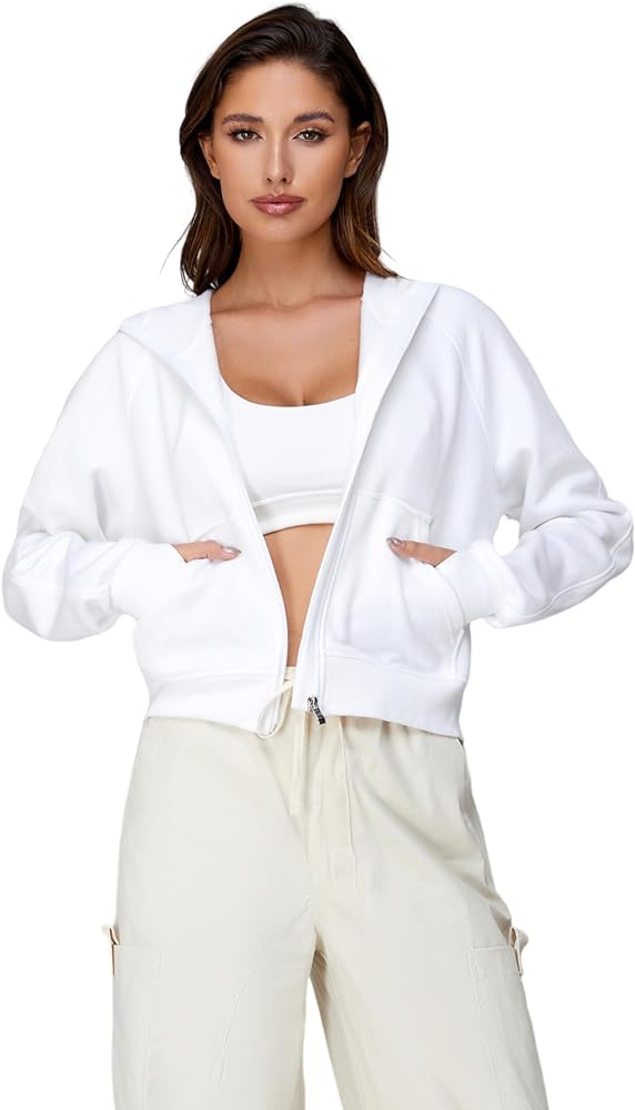 Cropped Zip Up Hoodie Thumb Hole Women White Black Grey Cotton Fleece Full Zipper Short Crop Sweatshirt Jacket