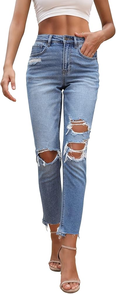 OFLUCK Women Ripped High Waisted Jeans Frayed Raw Hem Regular Fit Boyfriend Distressed Denim Pants with Hole