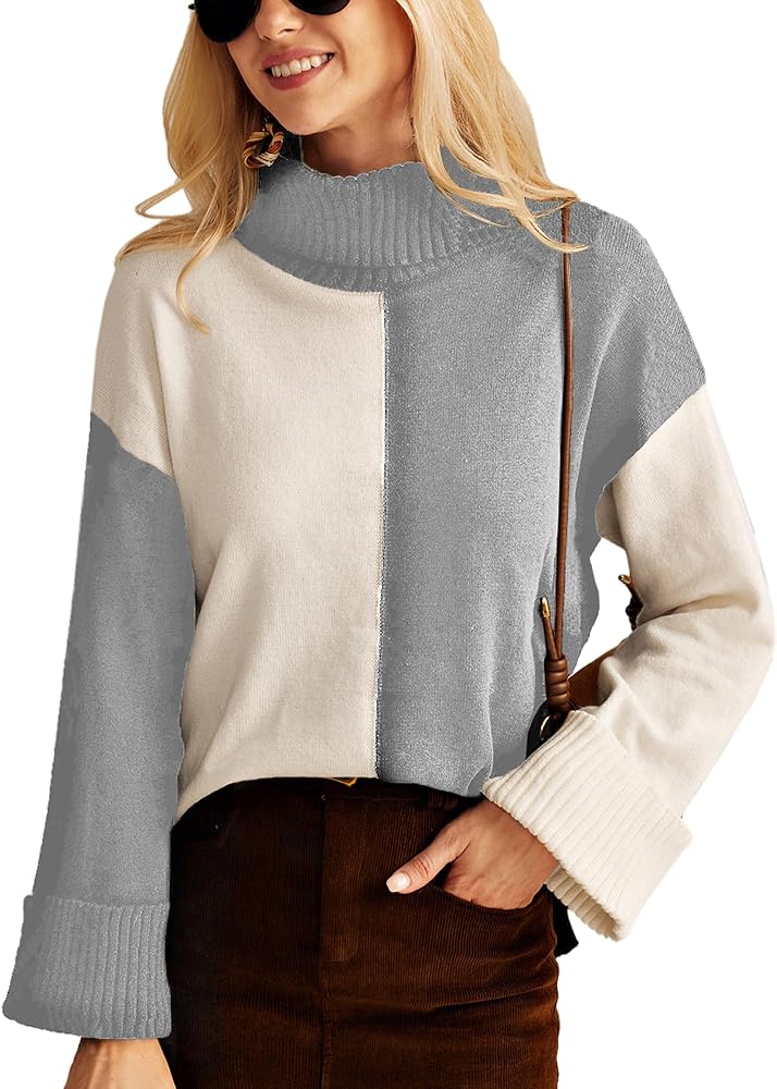 GRACE KARIN Womens Sweater Turtleneck Color Block Long Sleeve Knitwear 2024 Fall Casual Oversized Pullover Sweater Jumper Top