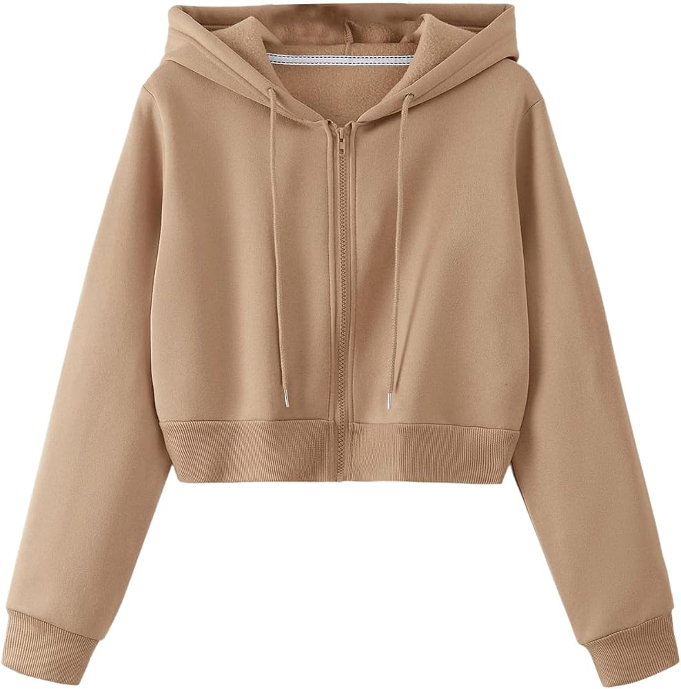 SweatyRocks Women's Long Sleeve Drawstring Full Zip Hooded Jacket Crop Sweatshirt