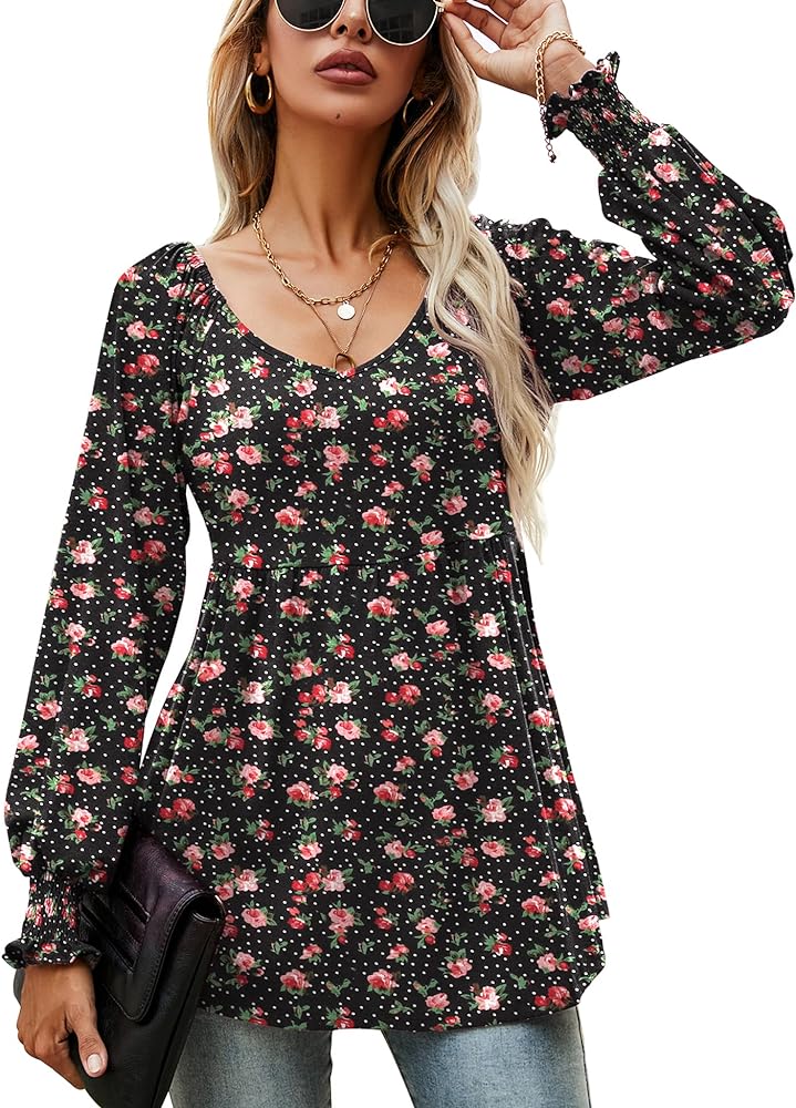 LOMON Womens Casual Fall Puff Long Sleeve Tunic Tops V Neck Flowy Babydoll Peplum Top Blouse T-Shirt 2024 Fashion S-3XL