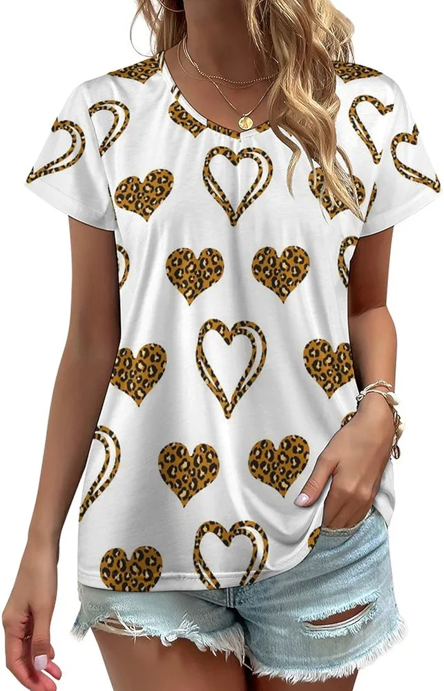 Leopard Hearts Spotted Print Print Blouses for Women V Neck T-Shirt Casual Tops Short Sleeve Tunic