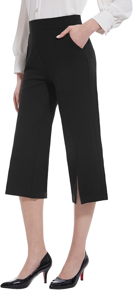 Tapata Wide Leg Capri Pants for Women with Pockets High Waist Dress Pants for Casual Summer Crop Slacks Work Capris