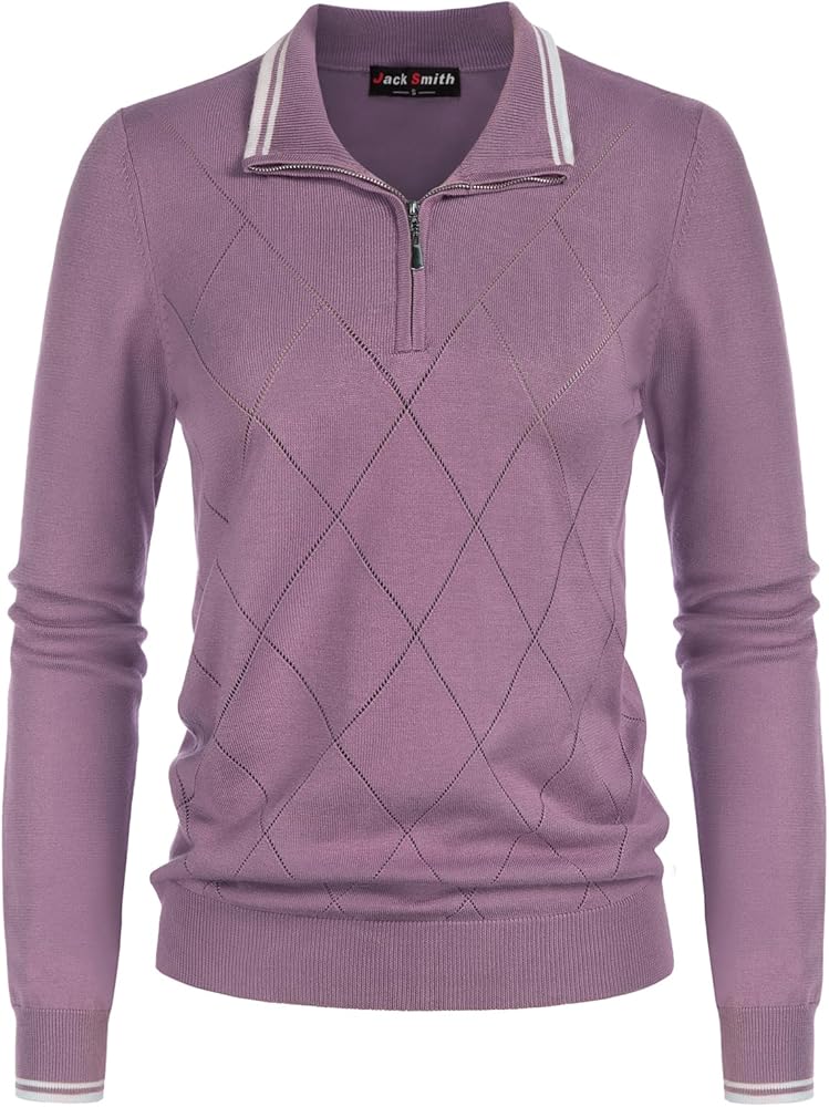 JACK SMITH Pullover Sweaters for Women Long Sleeve Argyle Quarter Zipper Collar Polo Sweater Ribbed Knit Golf Tops