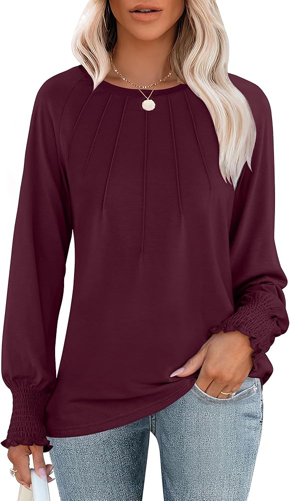 ANRABESS Women's Tops Dressy Casual Long Sleeve Pleated Shirts Crewneck Loose Basic T-Shirt Blouses 2024 Trendy Fall Clothes Burgundy Large