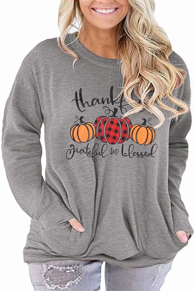 Thankful Grateful Blessed Plus Size T Shirt Women Thanksgiving Pumpkin Long Sleeve Blouse Leopard Print Striped Tee Tops