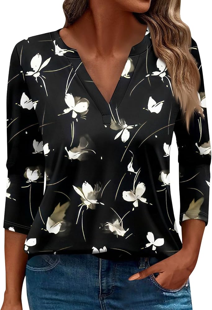 Women's Tops Long Sleeve V Neck Casual Tunics Print Blouses Loose Tees Floral Clothes