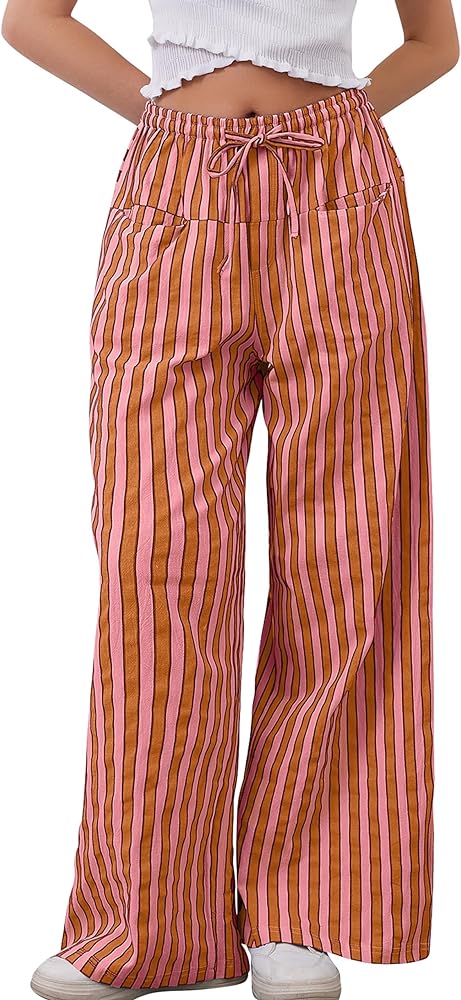 Women Drawstring Striped Pants Wide Leg Casual Trousers Stripe Loose Fit Low Rise Waist Lounge Pants with Pockets