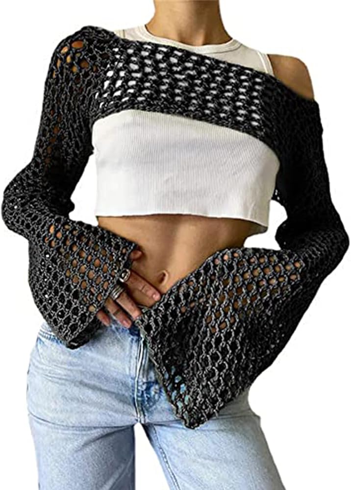 Women's Knit Crochet Crop Tops Long Sleeve Beach Cover Ups Hollow Out Off-Shoulder Y2K Pullover Fishnet T-Shirt