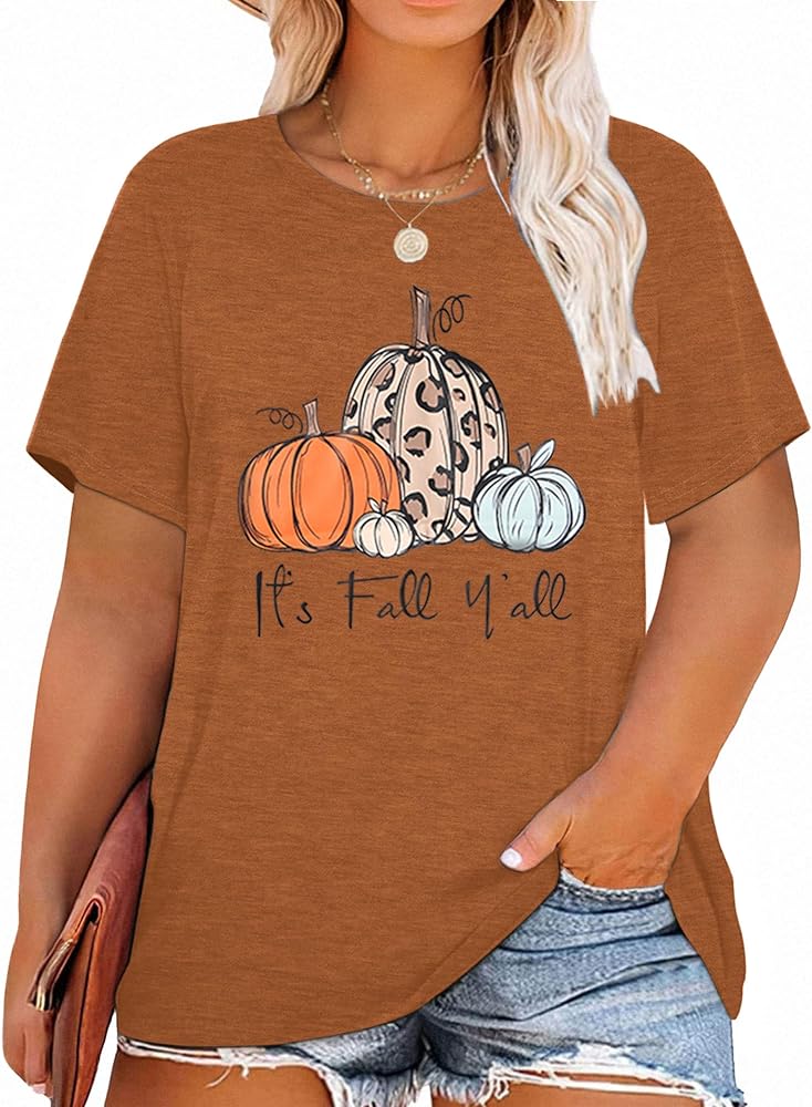 Plus Size Halloween Pumpkin Shirt Women Its Fall Yall Print Short Sleeve Thanksgiving Gift Tee Tops(1X-5X)