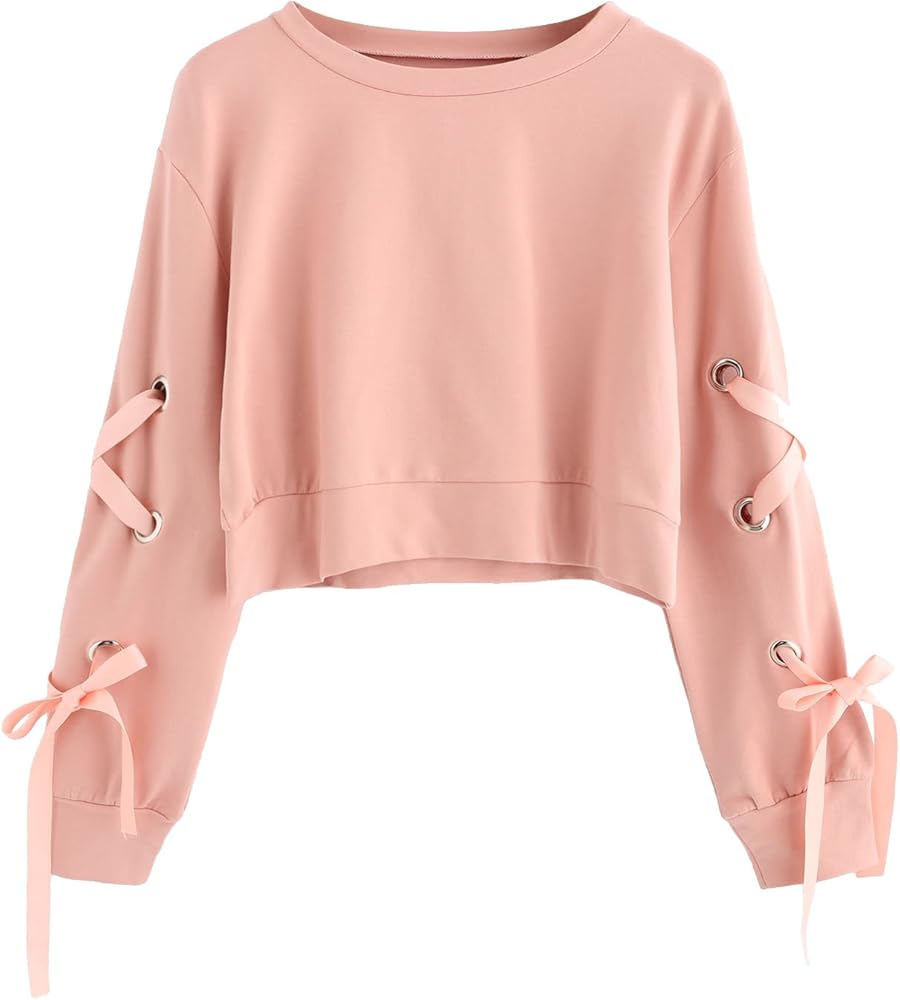 SweatyRocks Women's Casual Lace up Long Sleeve Pullover Crop Top Sweatshirt Solid Pink Medium