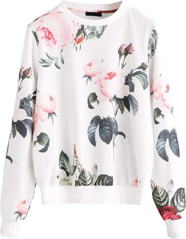 OYOANGLE Women's Casual Flower Print Long Sleeve Round Neck Pullover Sweatshirt Top