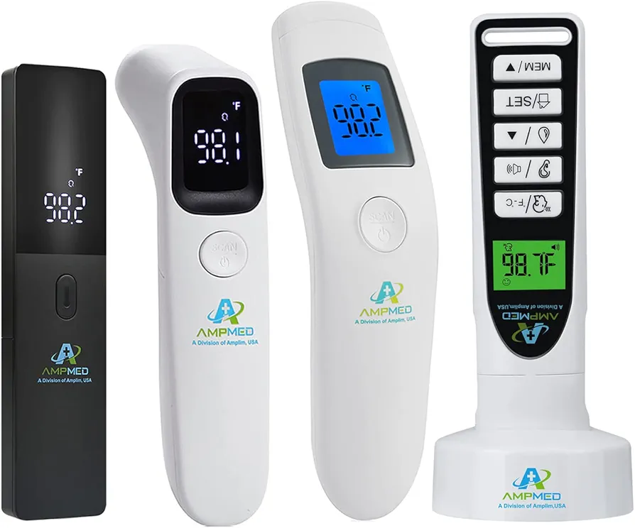 Amplim 4-Pack Hospital & Medical Grade Non Contact Digital Infrared Forehead Thermometer for Babies, Kids, and Adults. FSA HSA Eligible