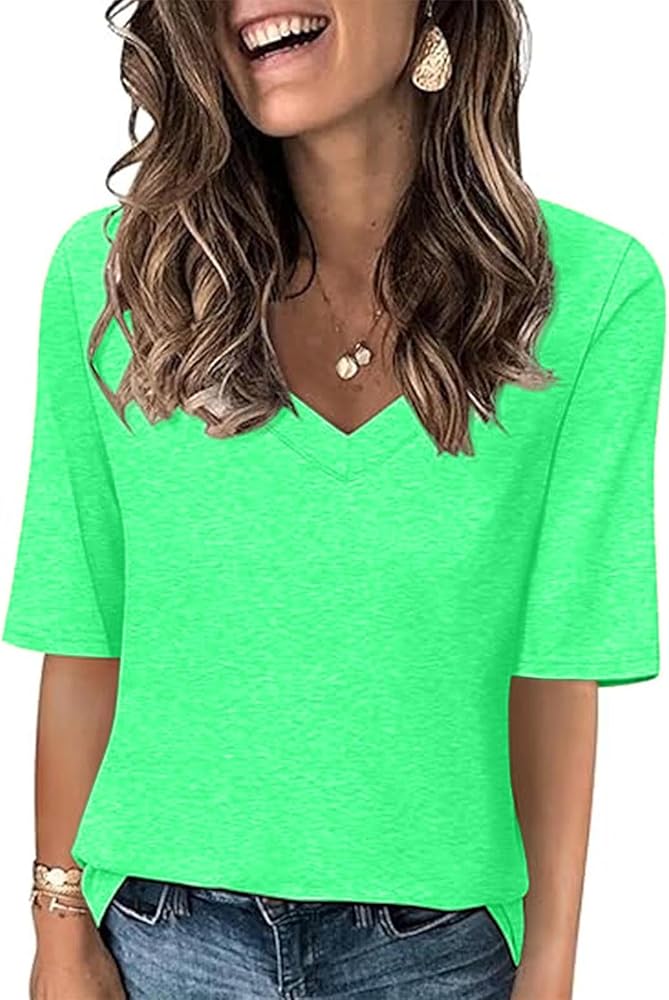 Generic Womens Tops 2024 Casual V Neck T Shirts Loose Comfy Half Sleeve Tees Trendy Print Blouses Ladies Summer Basic Tunics