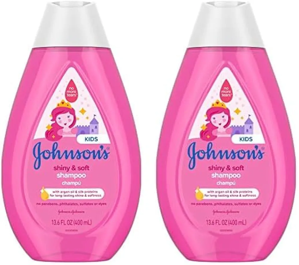 Johnson's Baby Shiny Soft TearFree Kids' Shampoo with Argan Oil Silk Proteins Paraben Sulfate DyeFree Formula Hypoallergenic Gentle for Toddler's Hair, 13.6 Fl Oz (Pack of 2)