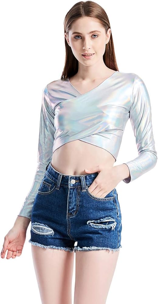 OBEEII Womens Metallic Crop Top Long Sleeve Shirt Shiny V Neck Tank Tops Holographic Night Out Rave Festival Club Top