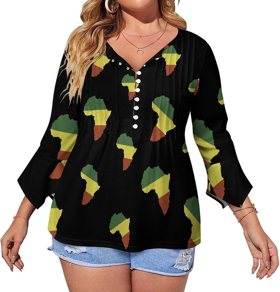 Africa Map Flag Cute Womens T-Shirts 3/4 Sleeve Button Down Tee Tops Blouse Summer Beach