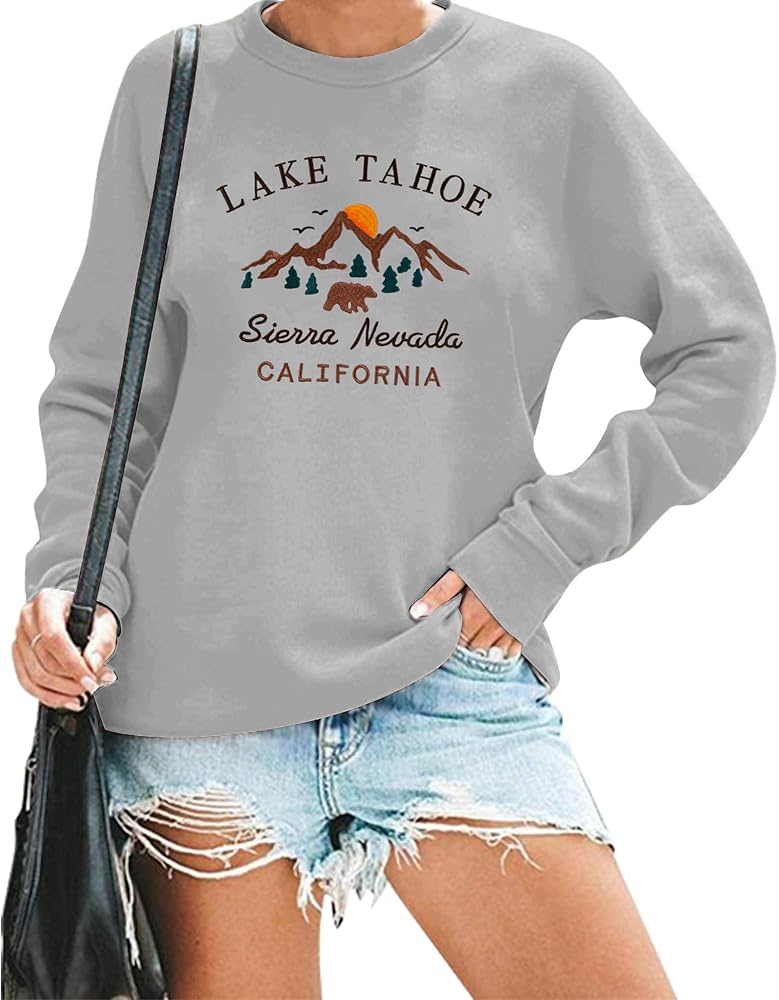 BLANCHES Women's Letter Graphic Print Sweatshirt Cute Lake Tahoe California Pullover Graphic Sweatshirt Casual Pullover Tops