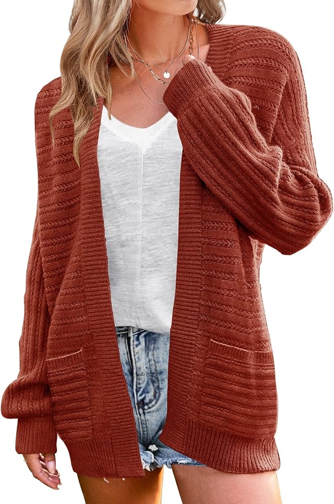 Women's Long Sleeve Cardigan Sweater Cable Knit Boho Puff Open Front Outwear Coat with Pockets